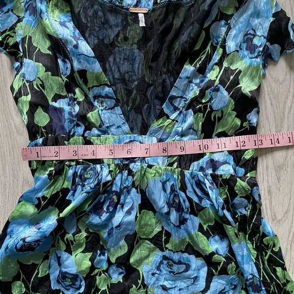 Free People Fit & Flare Dress Women Blue Size 0 Floral Cap Sleeves Silk - Picture 6 of 9